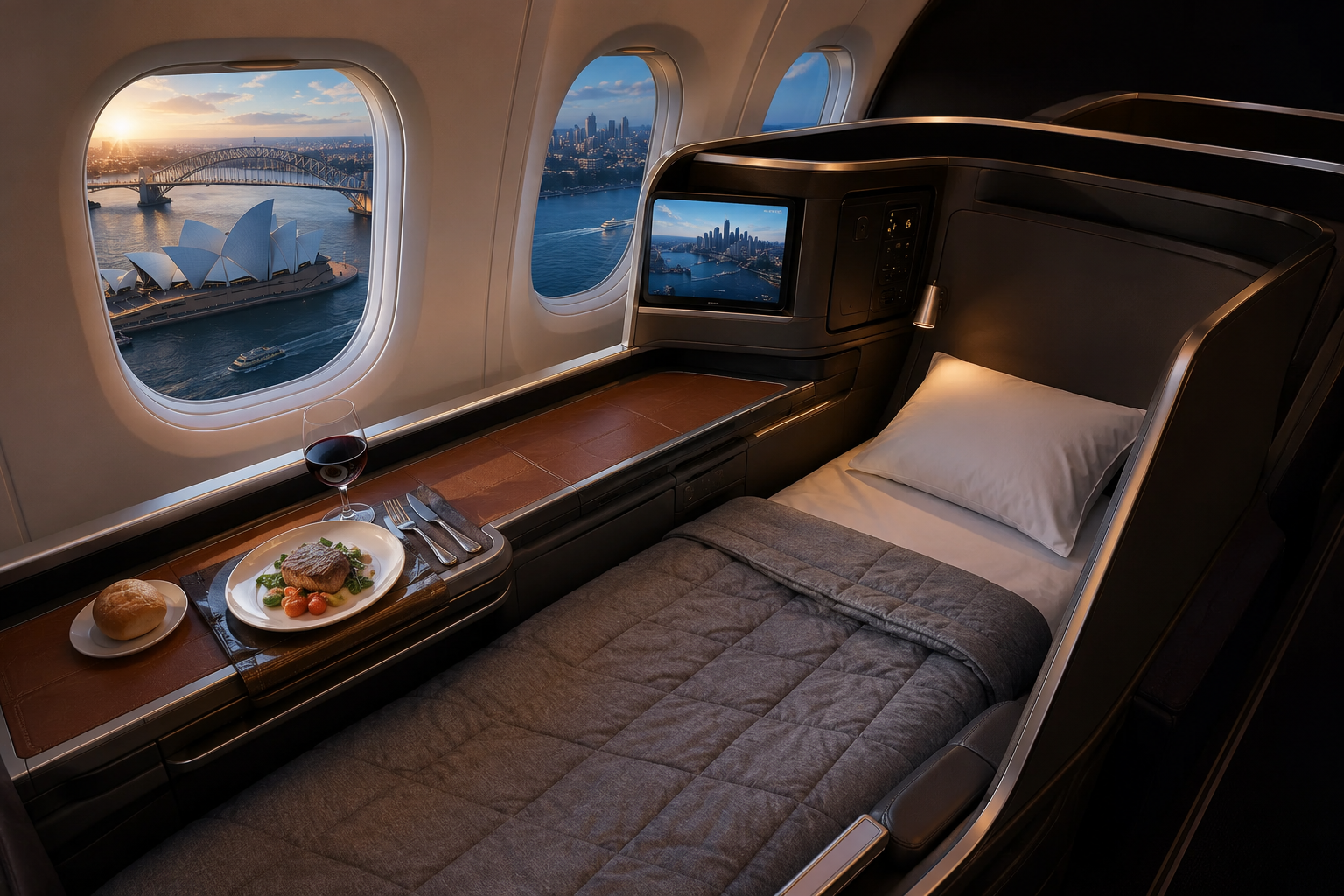 Business class window seat with champagne and city skyline view