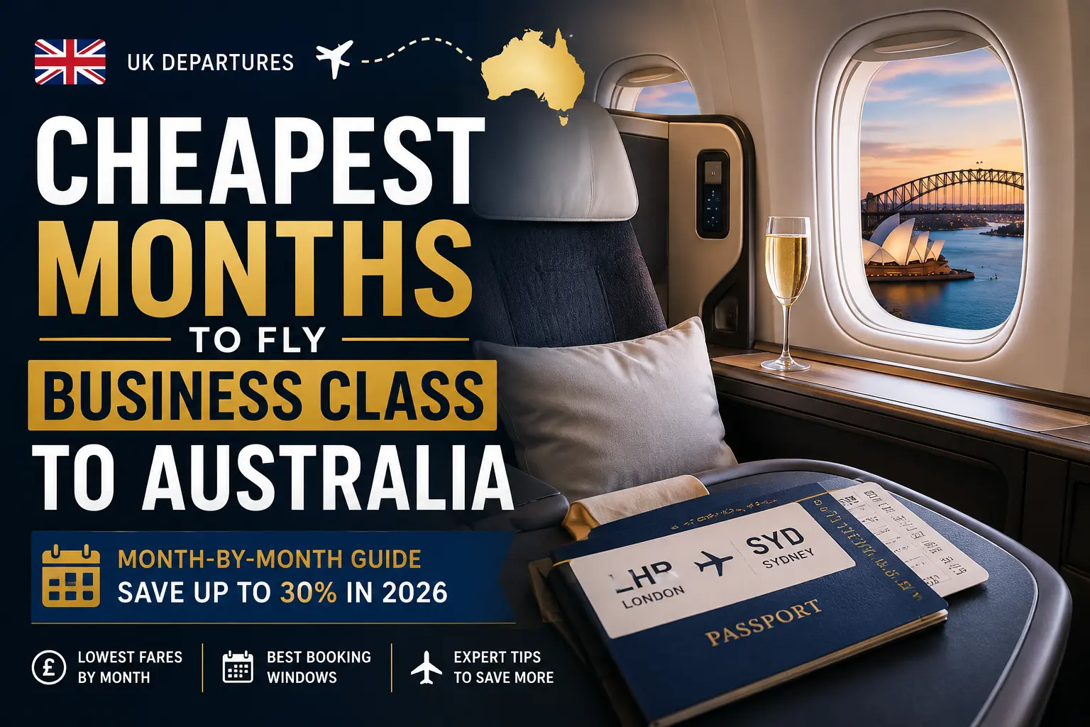 Cheapest months to fly business class to Australia from the UK with luxury airline seat and Sydney skyline view