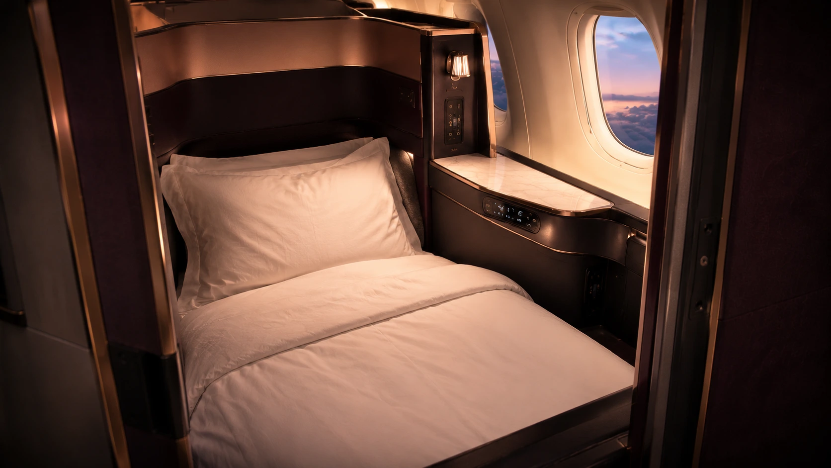 Qatar Airways Qsuite converted into a flat bed with White Company bedding